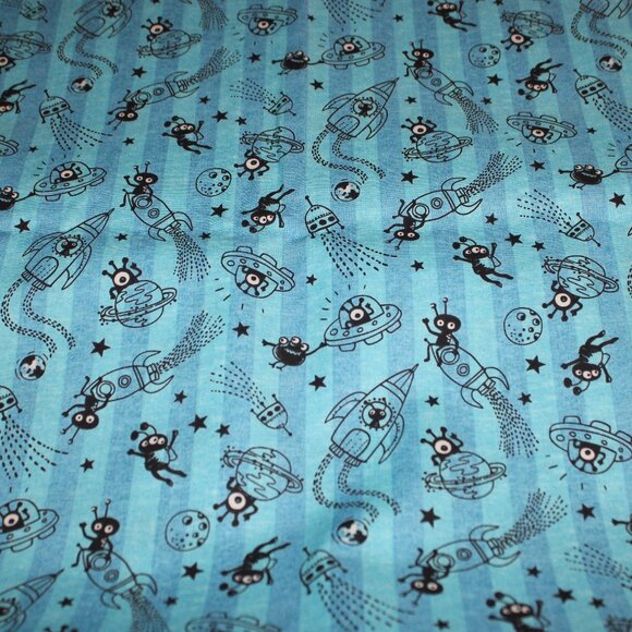 Monster Astronauts Michael Miller Blue Cotton Fabric 1 Yard 44 Wide - Picture 1 of 1